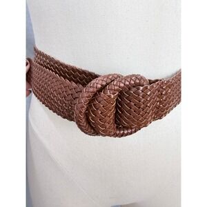 Ann Taylor Woven Faux Leather Wide Belt Double Ring Buckle Brown NWOT XS/S